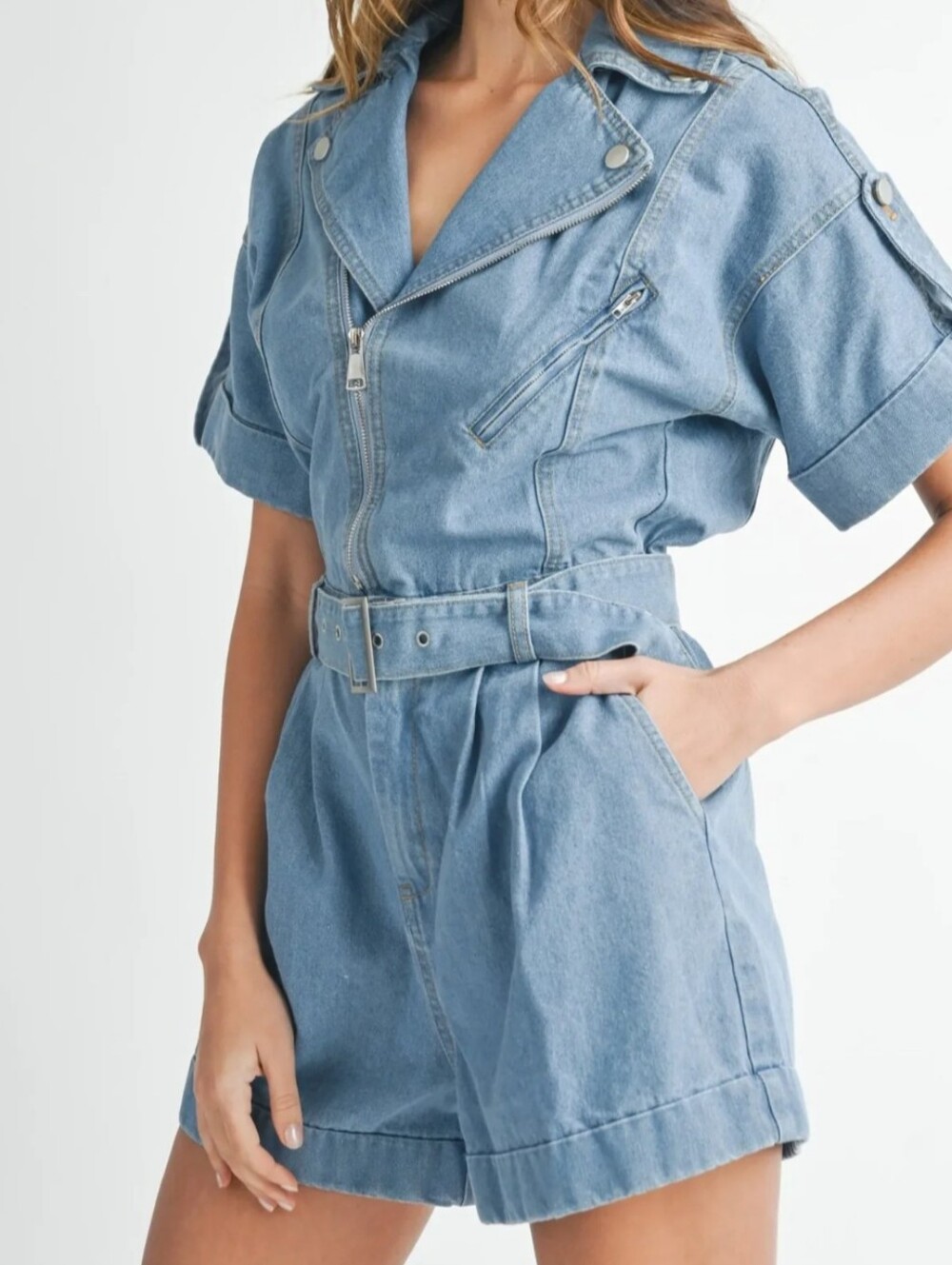 Mable Denim Moto Romper Light Blue w Belt NWT